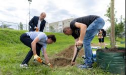 Młodzi rzeszowianie i prezydent sadzą drzewa w pobliżu Wisłoka 